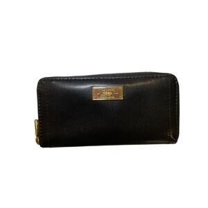 Ralph Lauren Black Leather & Gold Plate Full Zipper‎ Women's Card Wallet